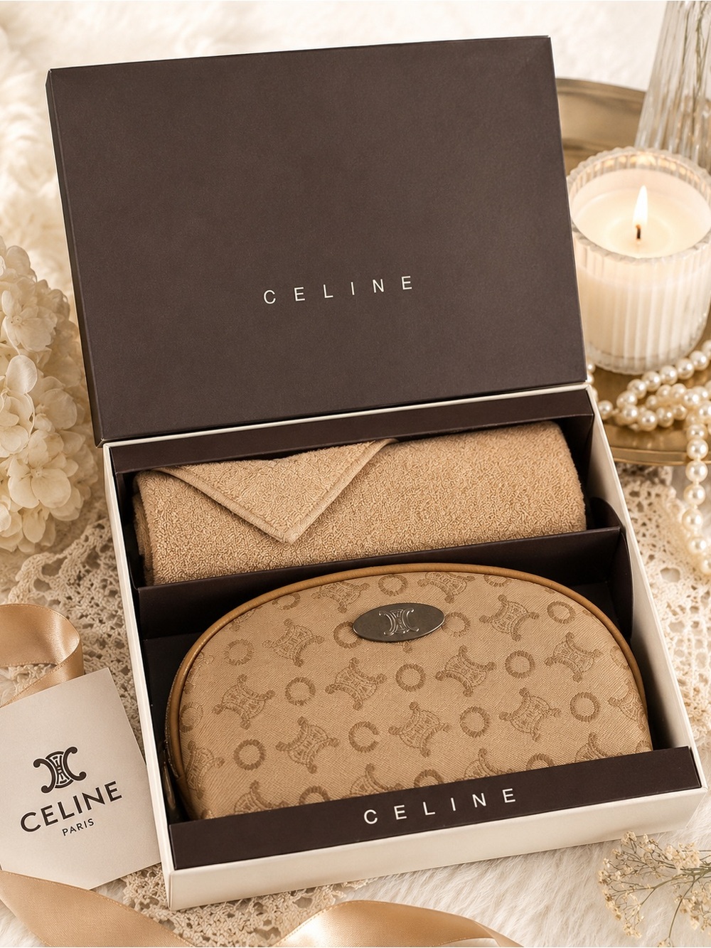 Vintage CELINE Macadam Cosmetic Pouch Gift Set NWOT w/ Box Made in Japan
